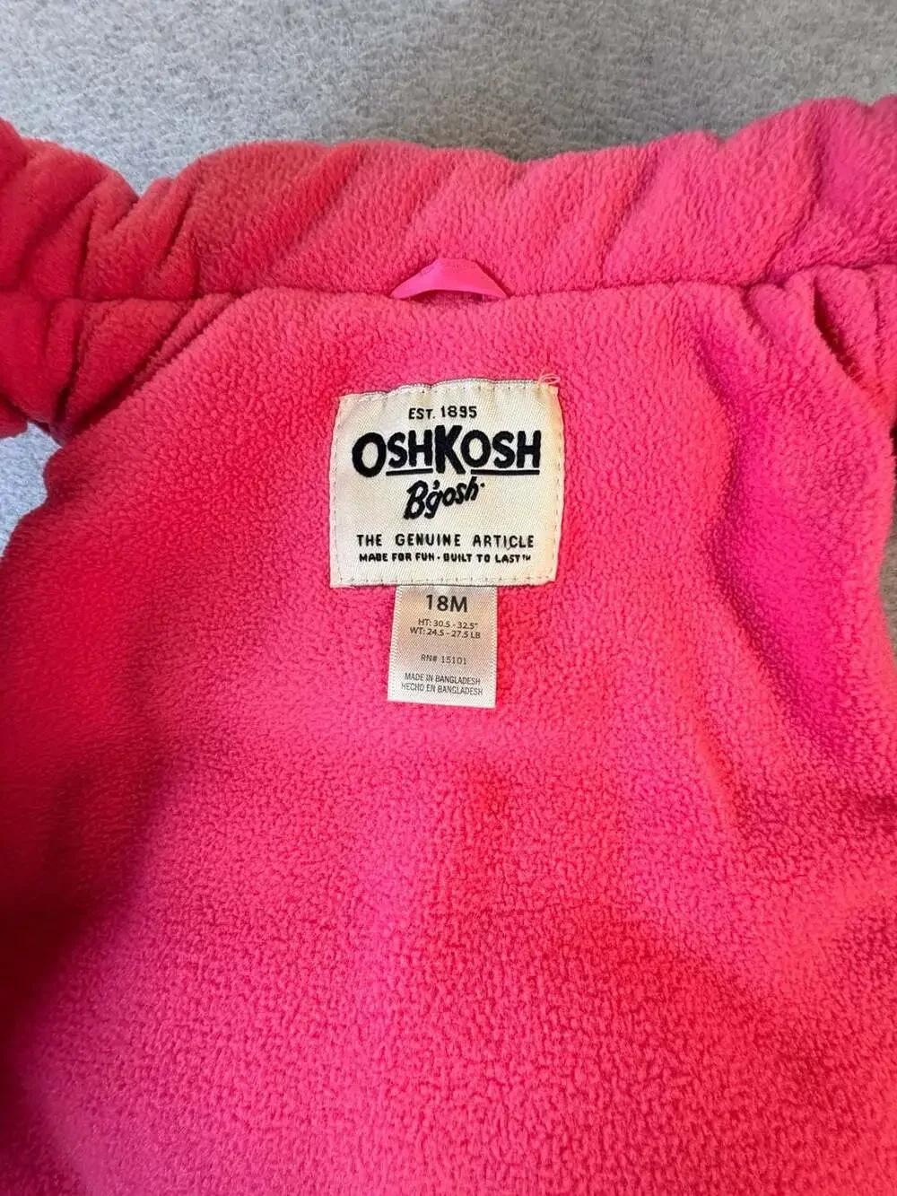OshKosh B'gosh Puffer Vest Size 18M Hot Pink Fleece Lined